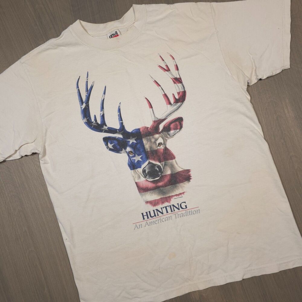 Anvil Men's Large 100% Cotton Graphic T-Shirt With Red, White and Blue Deer Bust